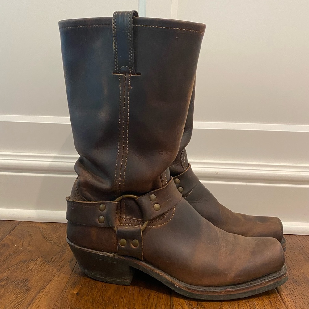 Frye Brown Leather Harness Heeled Boots - Picture 5 of 10